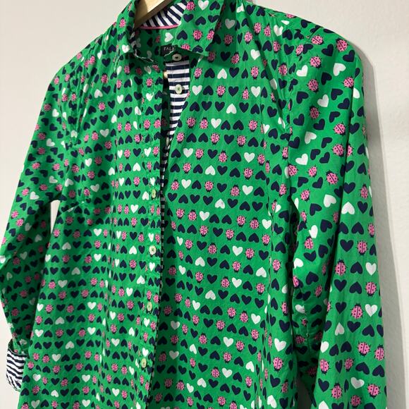 Talbots Top Size P Button Down Green Ladybug Hearts Contrast Cuff Novelty - Picture 10 of 15